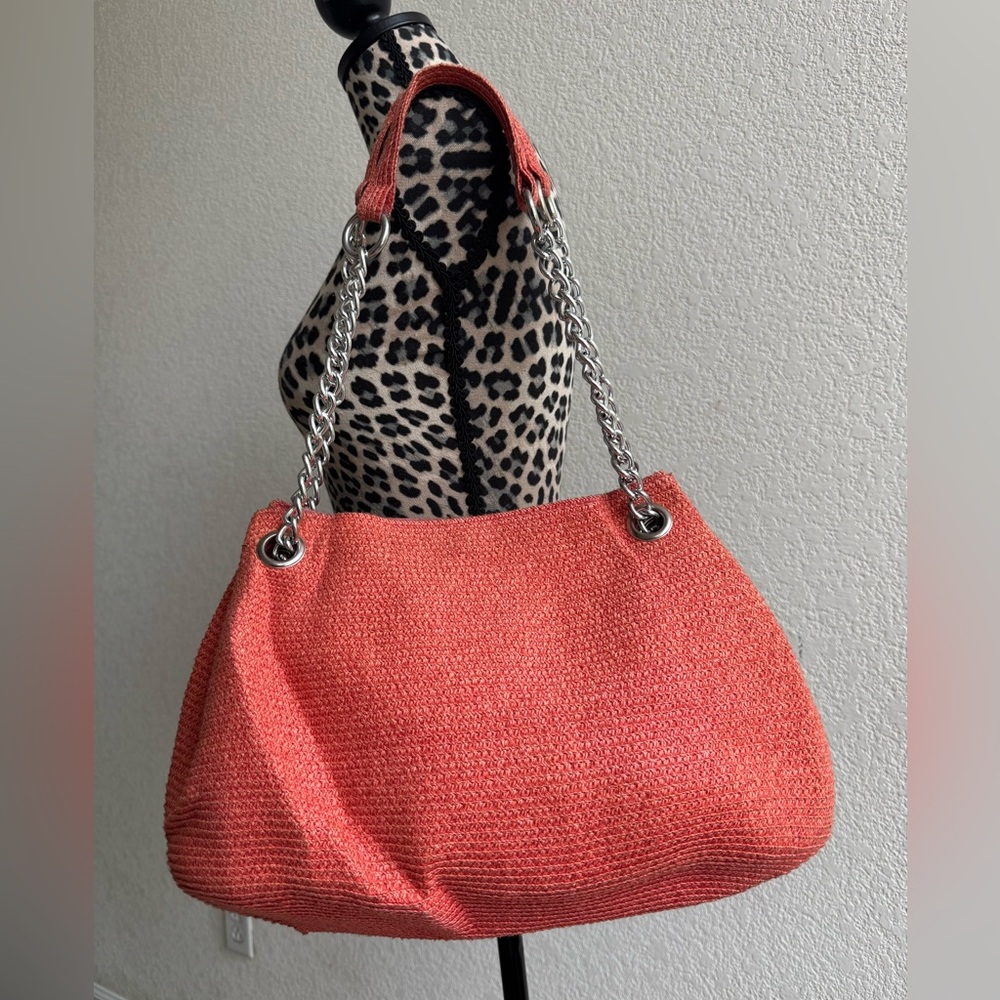 Coral Woven Purse with Chunky Silver Chains
